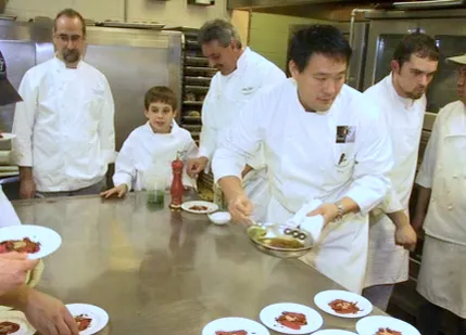 James Passafaro at age eleven, plating with his father and Ming Tsai