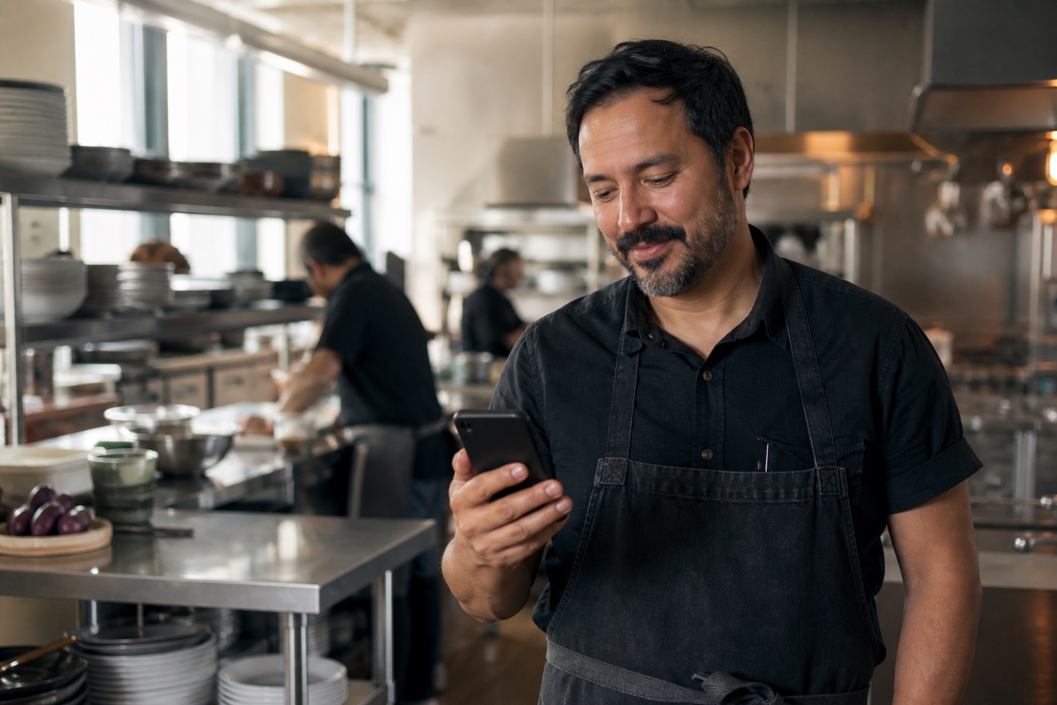 A restaurant manager using a phone in the kitchen