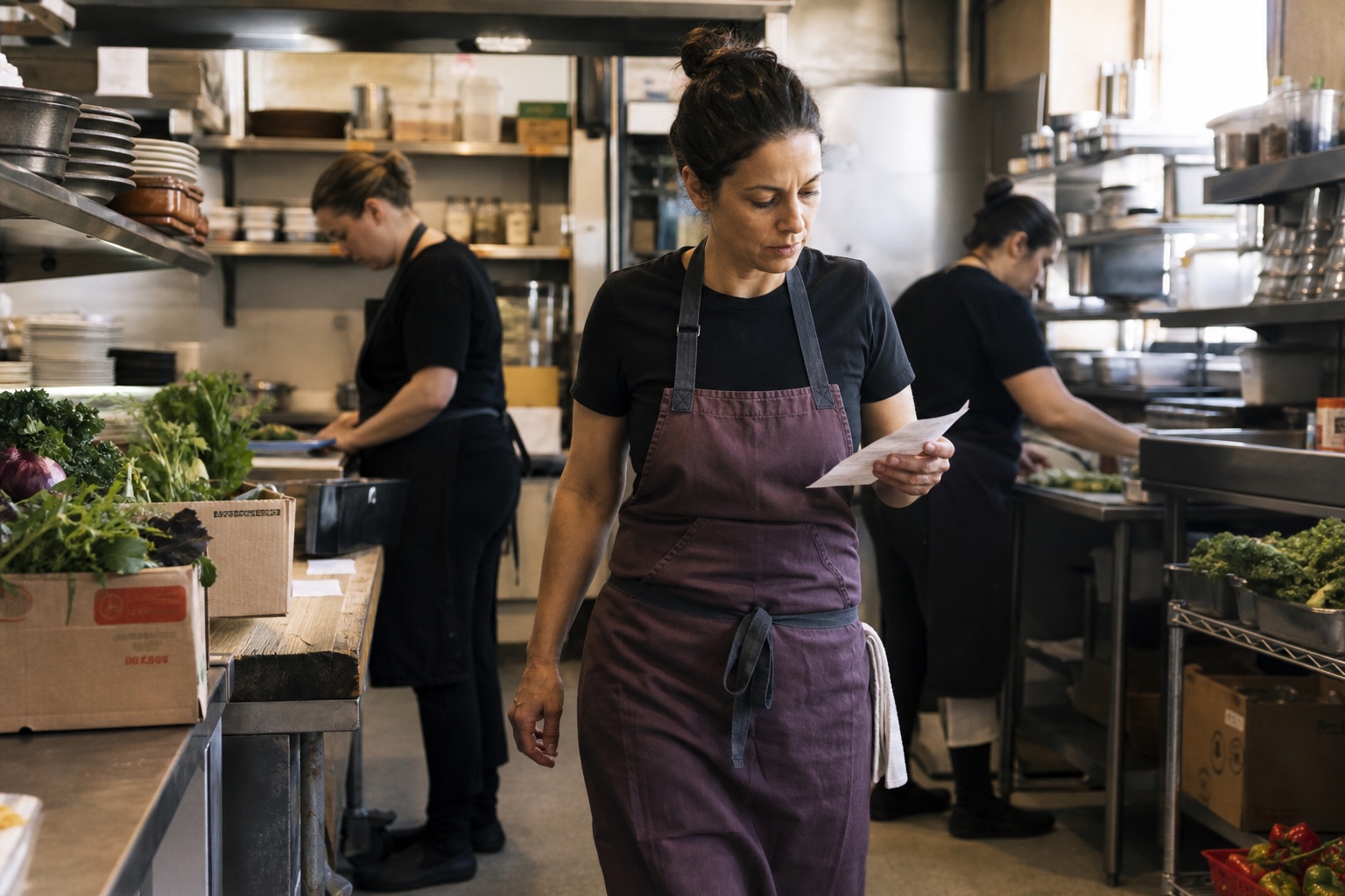A restaurant shift lead checking a prep slip while the kitchen team works
