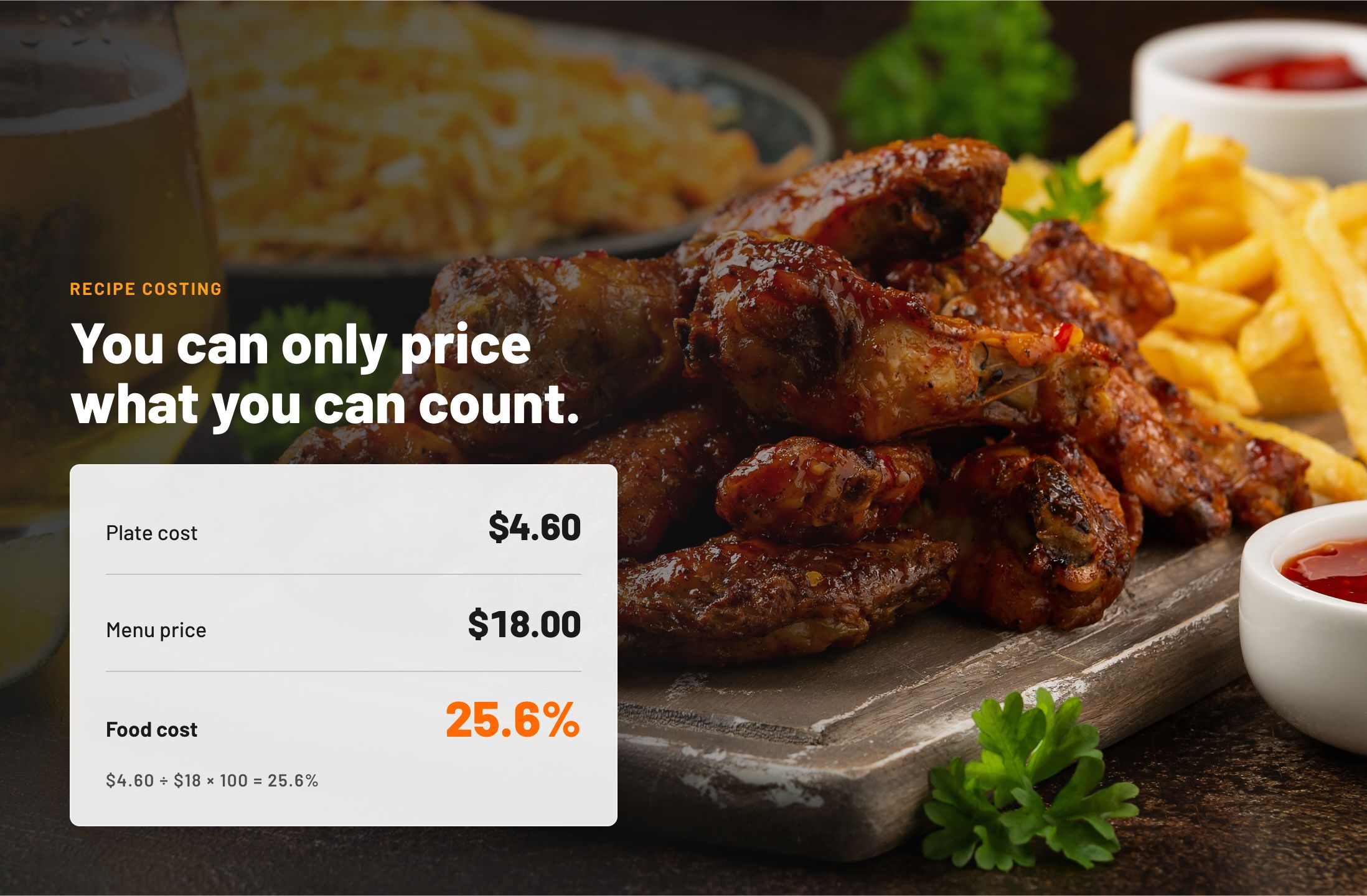 Recipe costing example: a $4.60 plate cost and $18 menu price produce a 25.6% food cost