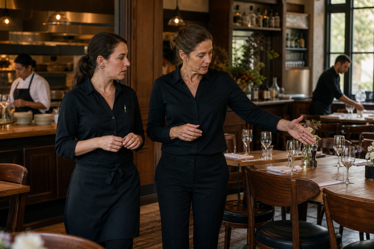 A restaurant general manager reviews the dining room with a lead server before service