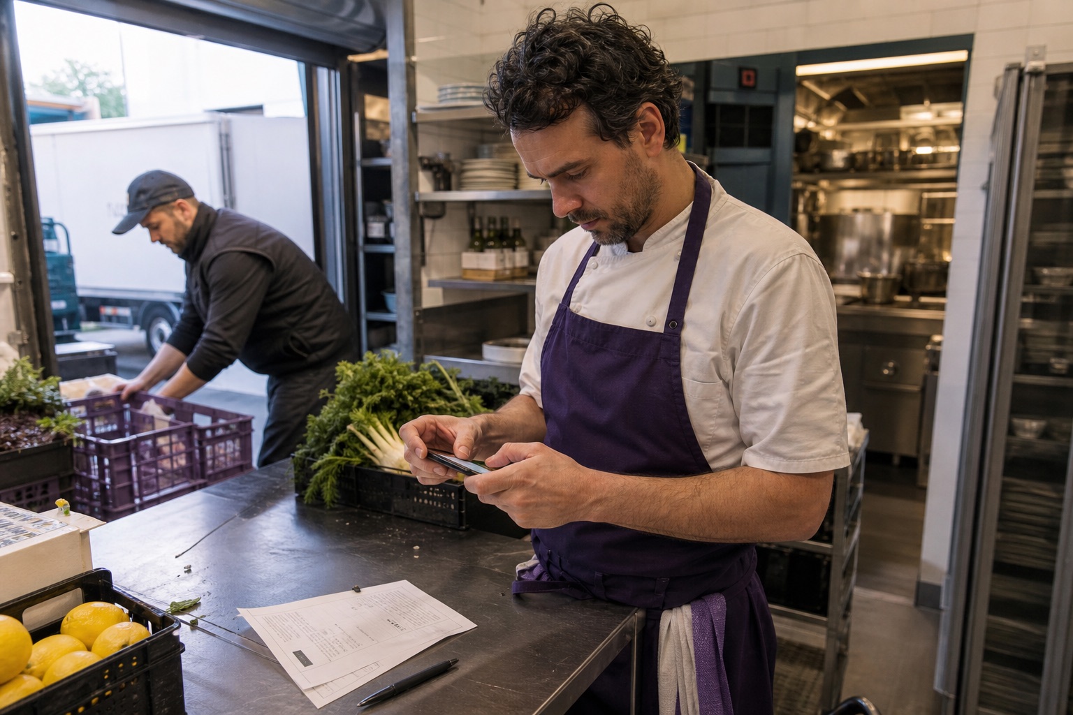 A restaurant manager photographing a vendor invoice while receiving a delivery
