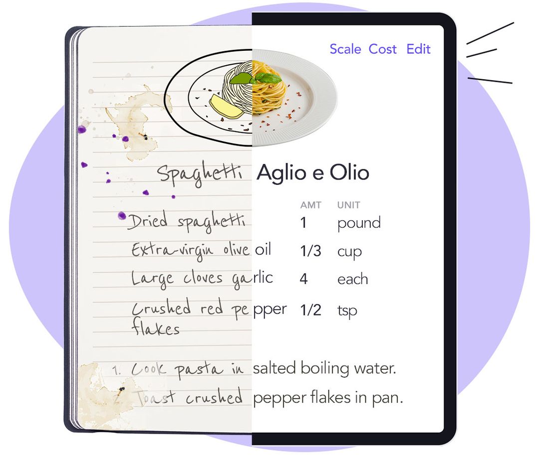 A handwritten recipe becoming a clear digital recipe