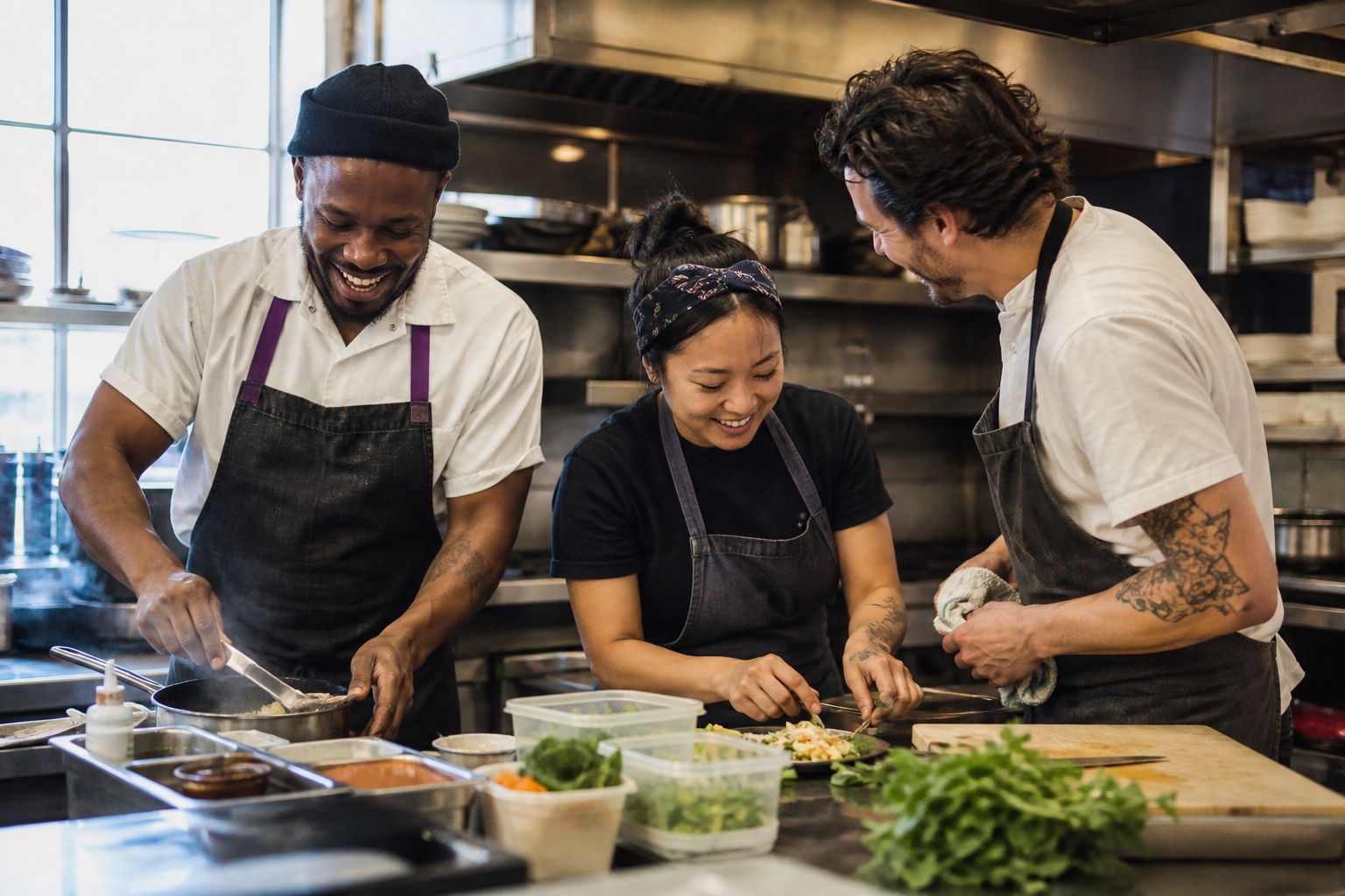 A restaurant kitchen team collaborating during prep