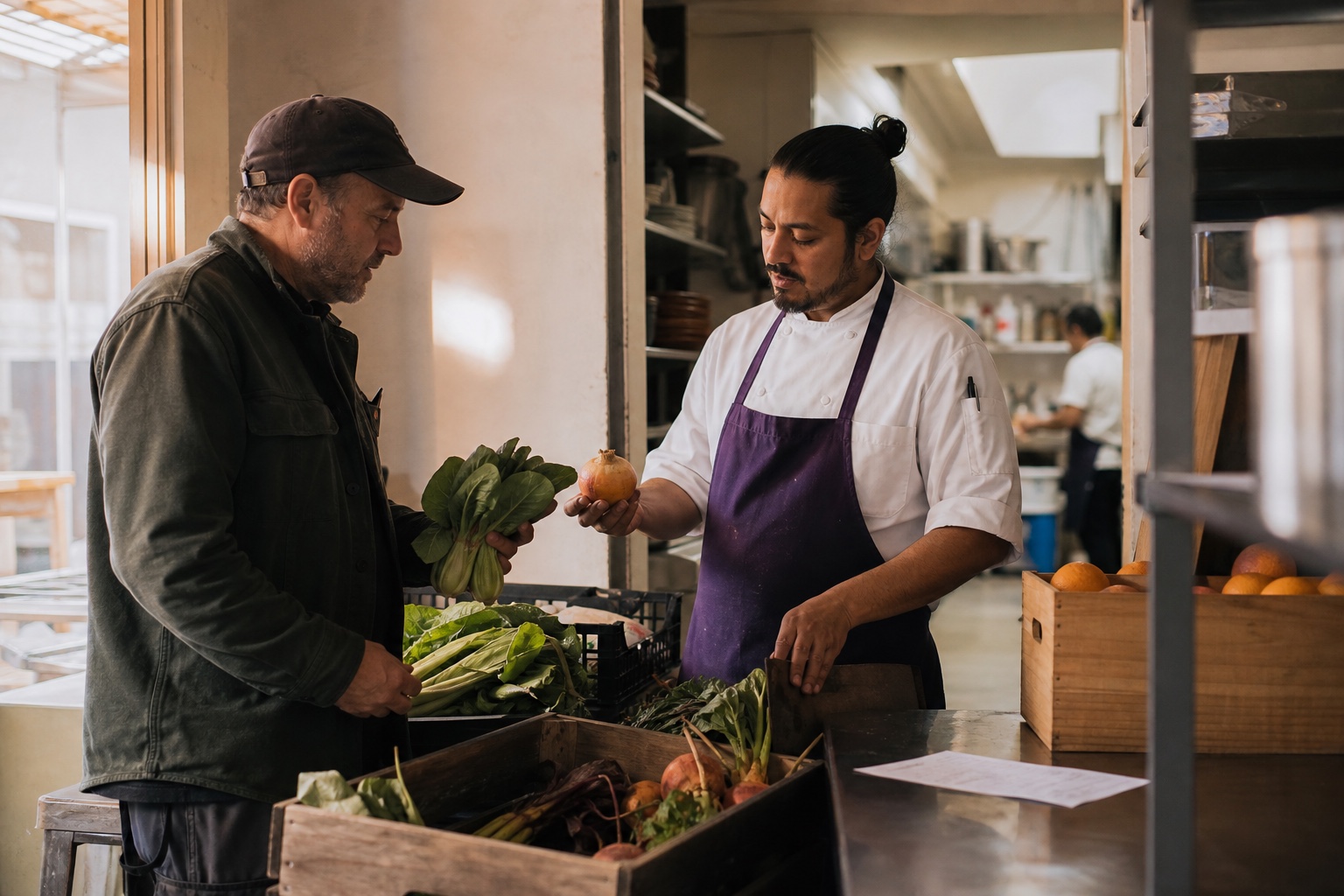 A chef checking a morning produce delivery with a vendor