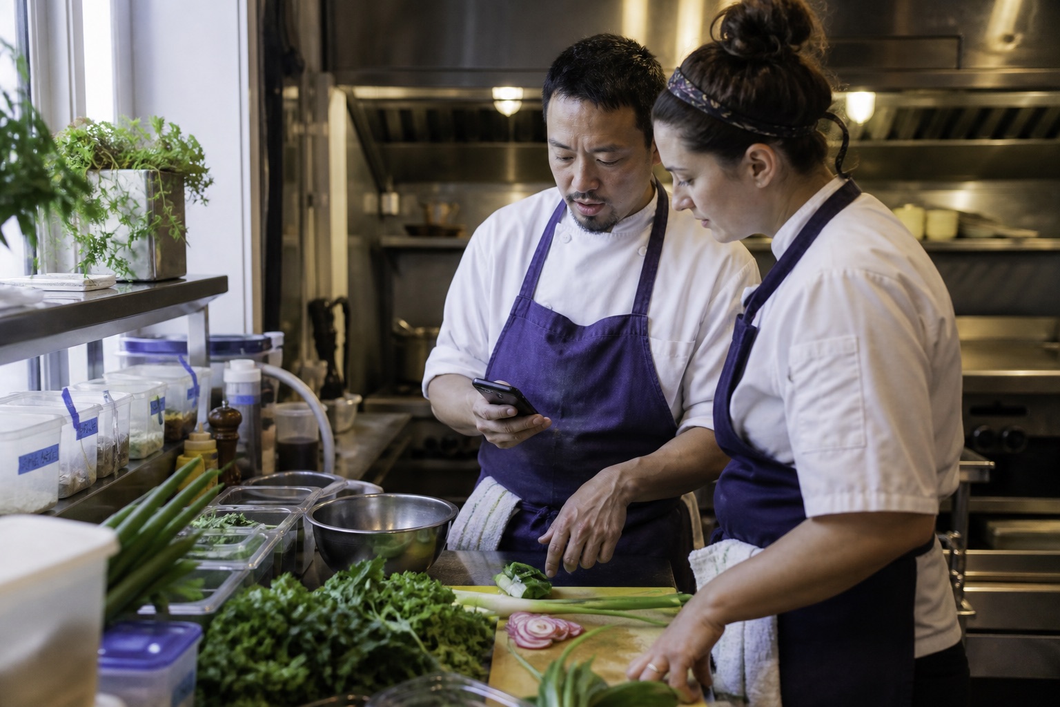 Restaurant team members learning together during prep