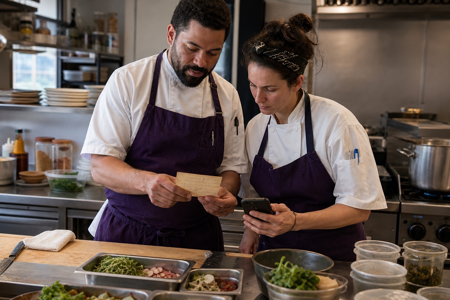 Two chefs comparing a handwritten recipe card with a phone during prep