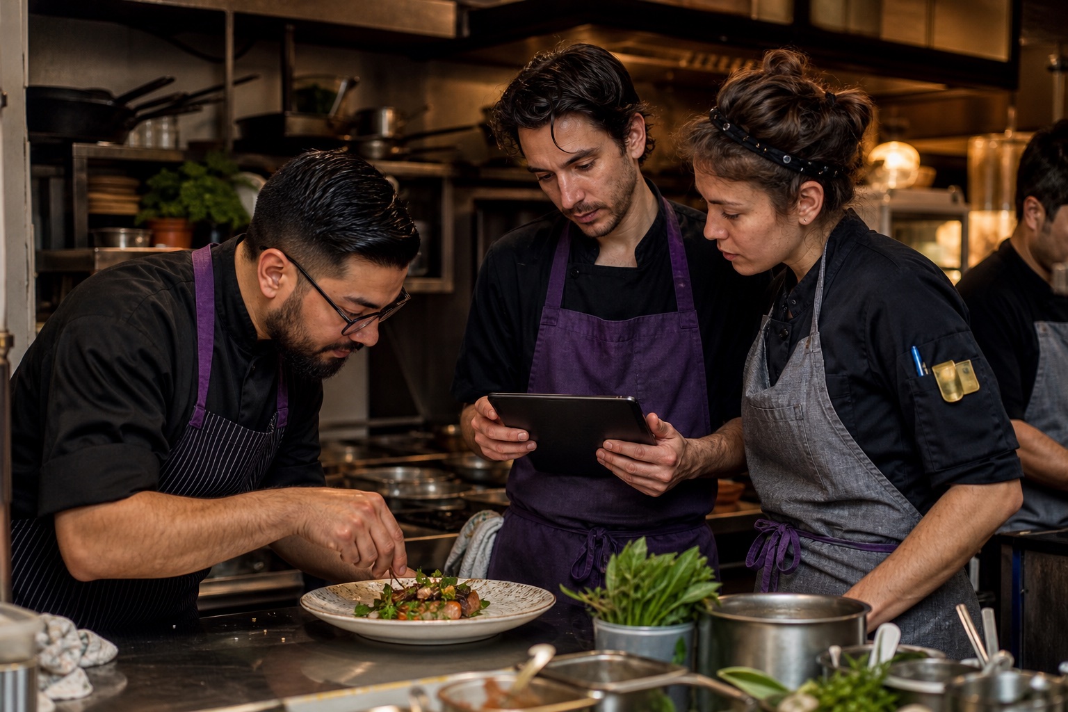 Three chefs comparing a finished dish with a recipe on a tablet