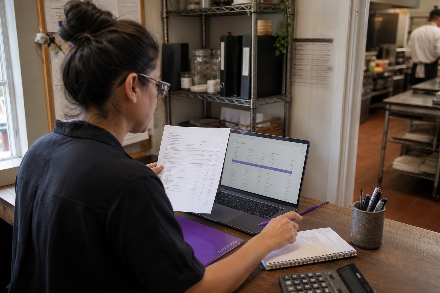 A restaurant operator reviewing a printed vendor statement beside a laptop