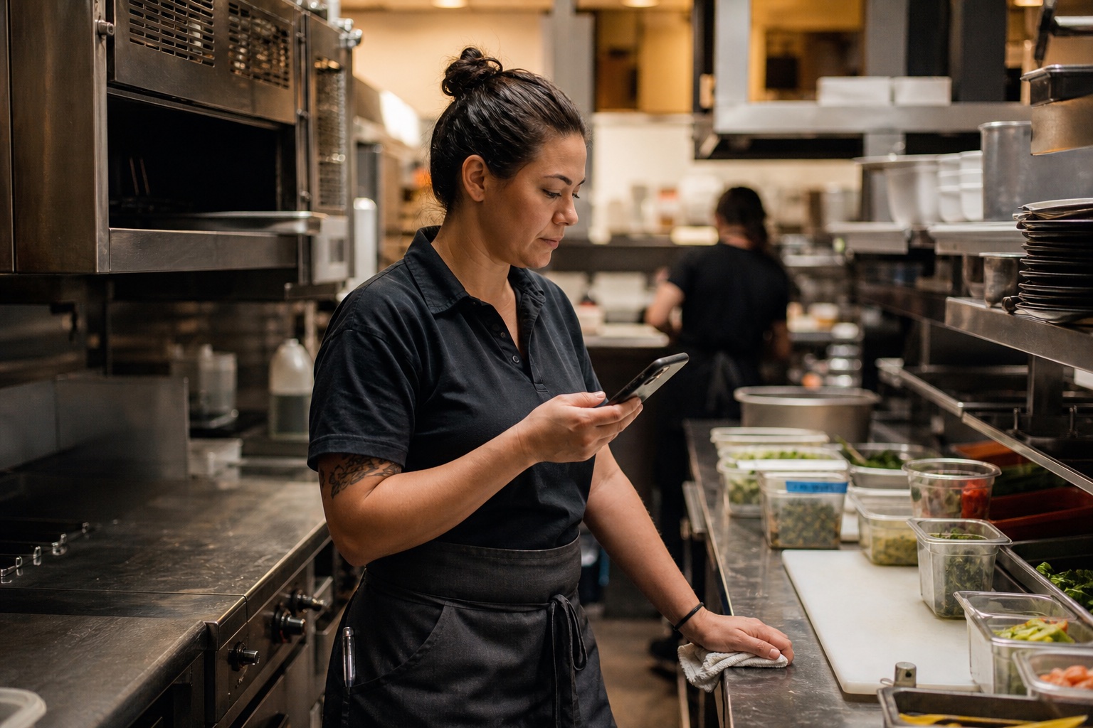 A restaurant team member checking a phone in the kitchen